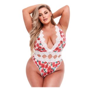 Baci - Body con tanga blanco con flores y encaje - Curvy