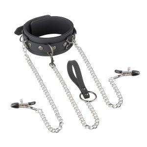 Collar De Piel Sintética Con Cadena Y Pinzas Para Pezones