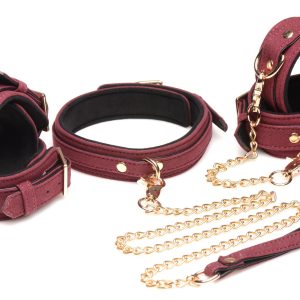 Juego de esposas de ante BDSM de 6 piezas con cuello y correa - Burdeos