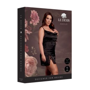 Le Desir – Vestido de Seda con Tirantes Cruzados y Abertura, Espalda Abierta, Talla Queen – Negro